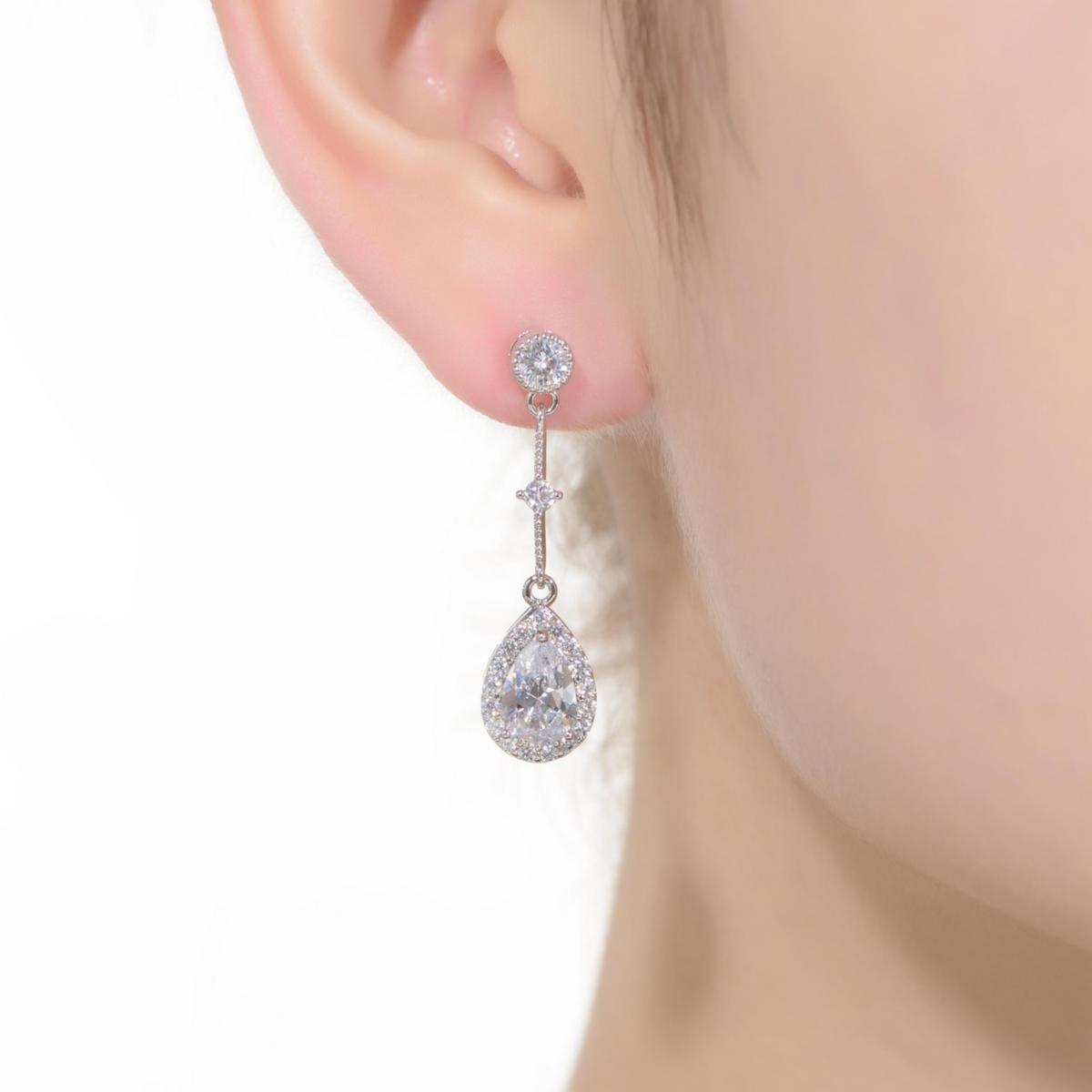 Genevive Sterling SilverGold Plated with Clear Pear & Round Cubic Zirconia Accent Chandelier Earrings - White