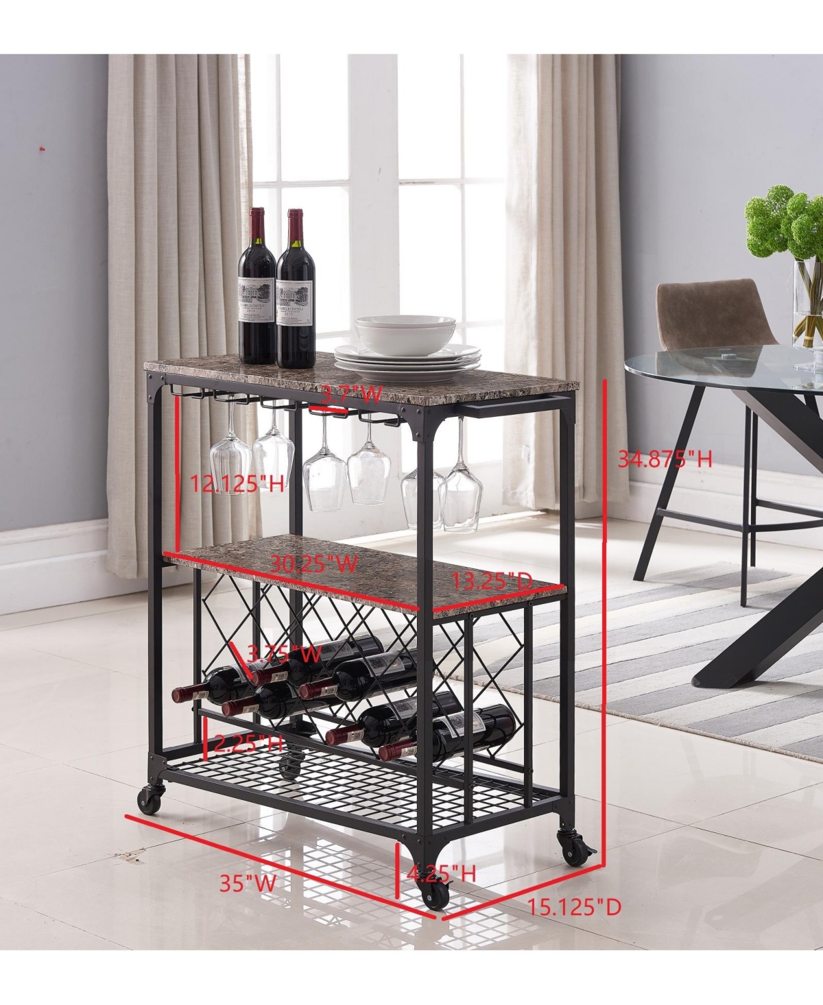 Kings Brand Furniture Antonia Kitchen Serving Cart Bar Buffet with Wine Rack & Glass Holder