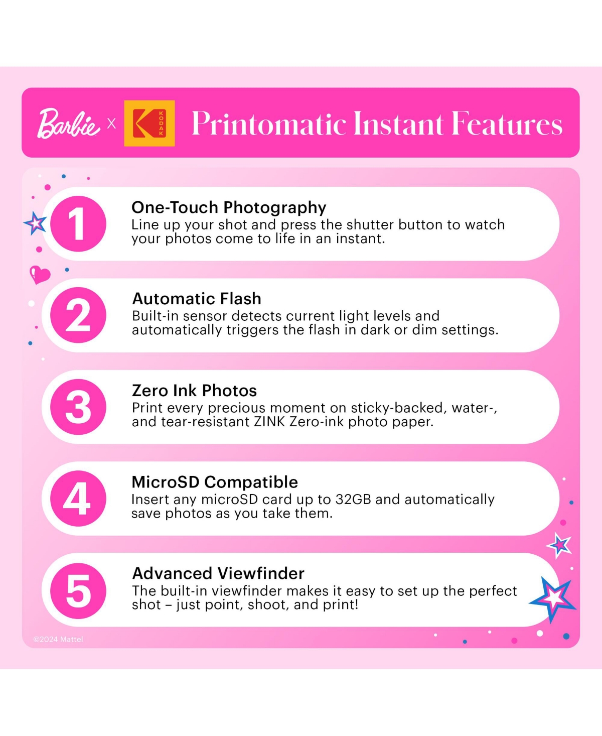 Kodak Barbie x Printomatic 2x3 Instant Print Camera, 5MP Portable Instant Camera - Iconic Style