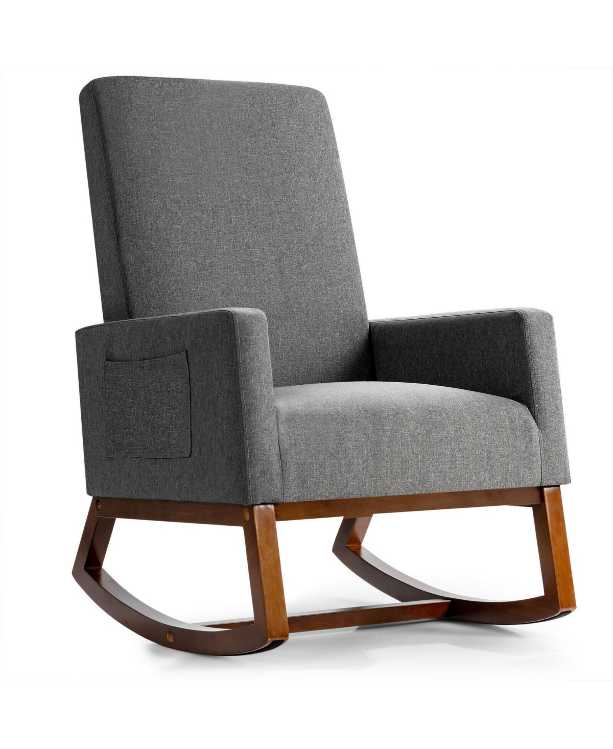 Rocking High Back Upholstered Lounge Armchair with Side Pocket - Grey