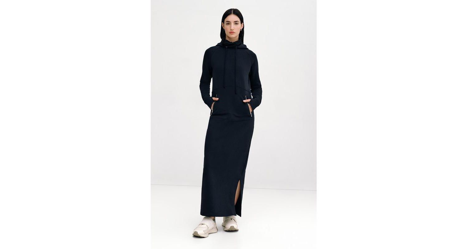 Women's Elba Hooded Side-Slit Ankle-Length Sweatshirt Dress with Pockets