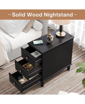 Solid Wood End Table, Fully Assembled Narrow Side Table with Drawers, Pre-Assembled Nightstand Slim Bedside Table, Black