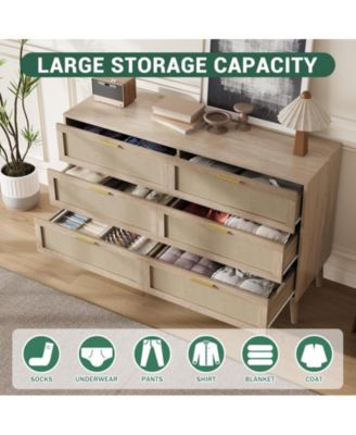 6 Drawer Rattan Dresser, 47.2" x 15.7" x 29.5" Rattan Chest of Dressers, Mid Century Modern Dresser for Closet with Handles, Large Table Top, Dresser Bedroom, Living Room, Hallway, Entryway