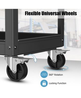 3-Tier Metal Utility Cart Trolley Tool with Flat Handle and 2 Lockable Universal Wheels