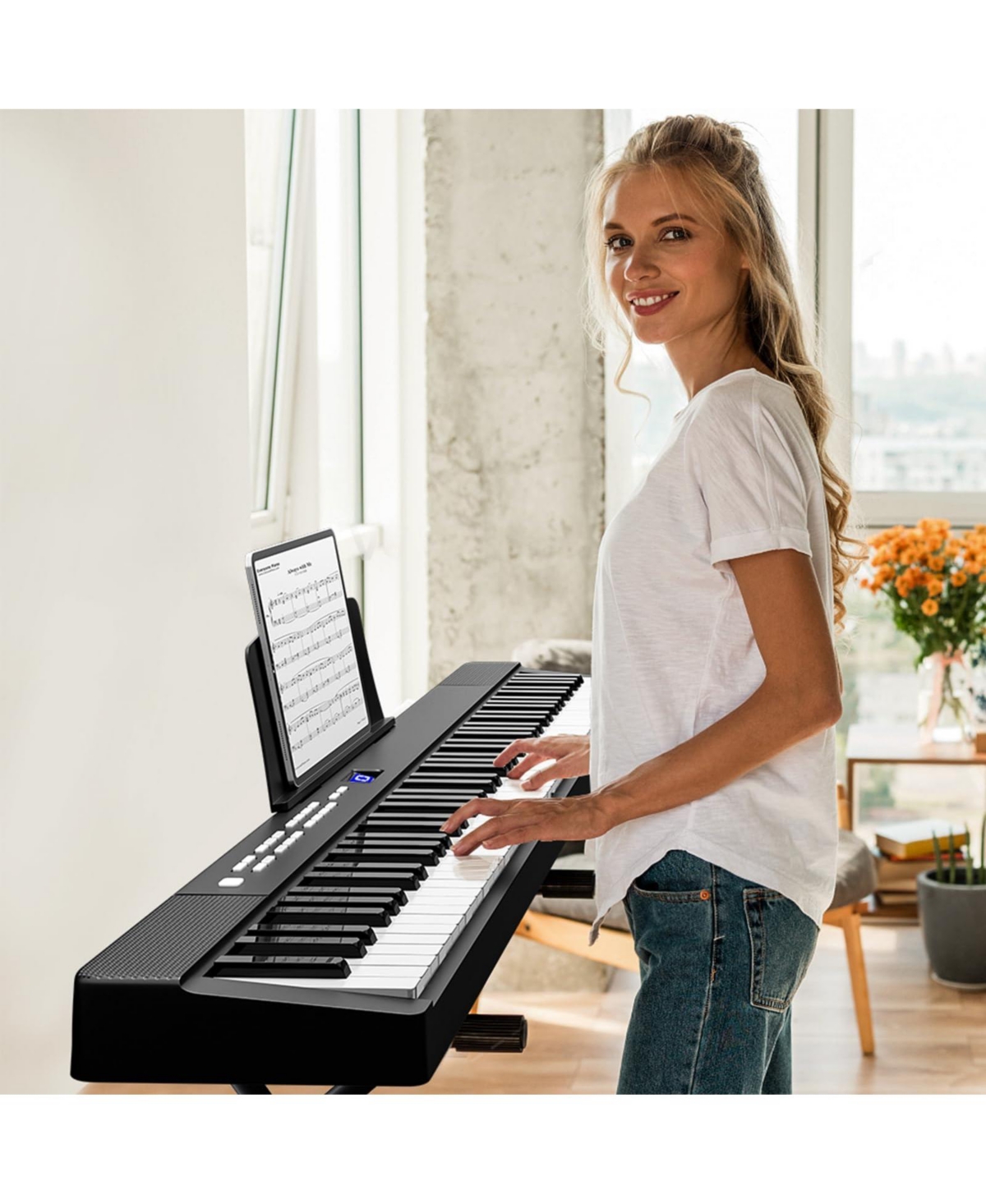 Sugift88 Keys Folding Piano Keyboard for Beginner Portable Electric Piano with Stand and Sustain Pedal - Black