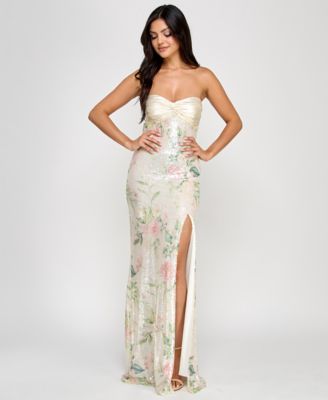 Juniors' Satin Twist-Front Bow-Back Sequined Gown