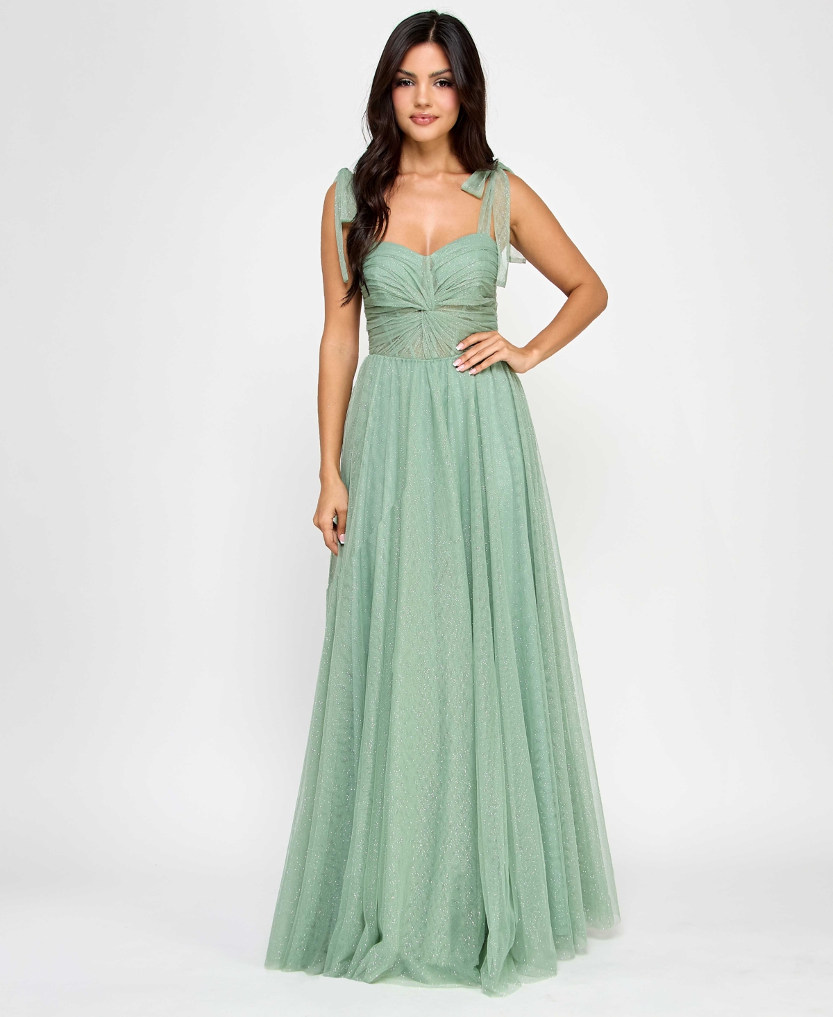 Juniors' Twist-Front Shoulder-Tie Glitter Gown - Sage