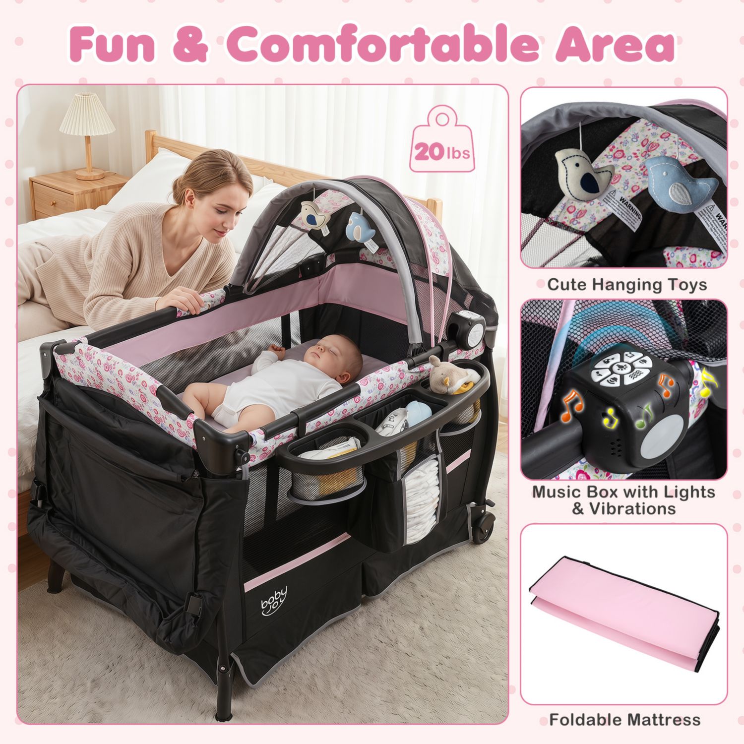 Pack Play Baby Diaper Changing Table 4 in 1 Foldable with Mattress