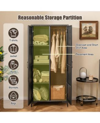 62 Inch Wicker Wardrobe with 2 Doors PE Rattan Closet with Hanging Rod