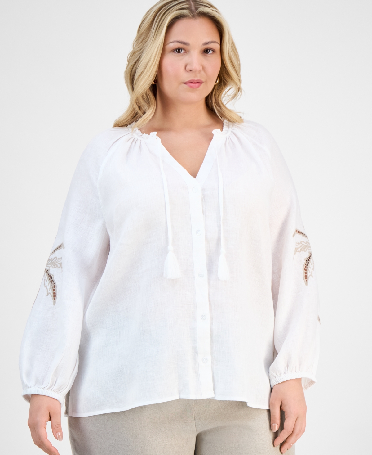 CHARTER CLUB PLUS SIZE EMBROIDERED-PALM LINEN TOP, EXCLUSIVELY AT MACY'S 