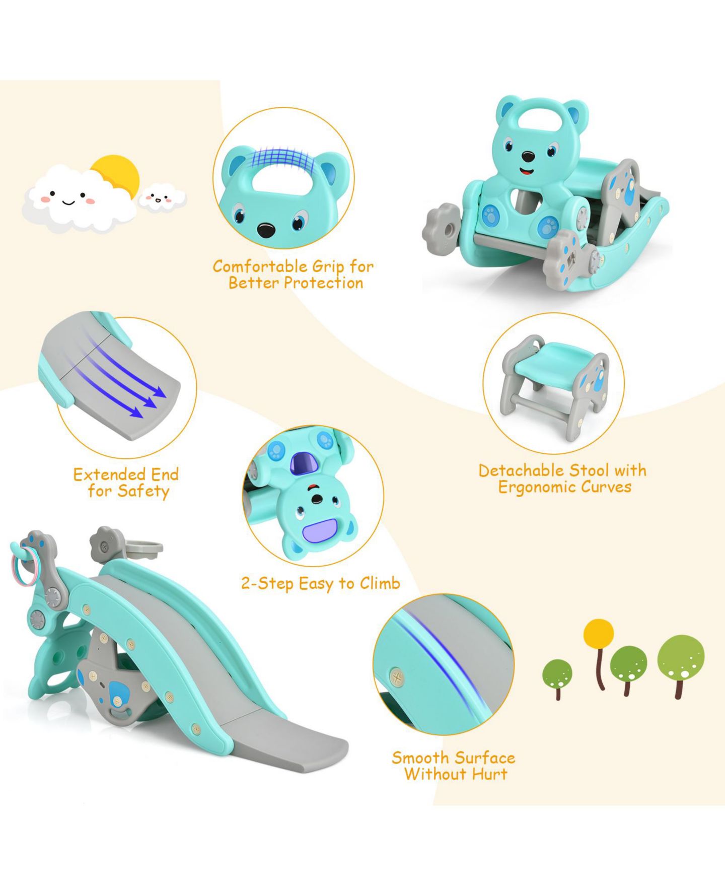 Детский игровой набор GOUUN 4-in-1 Toddler Rocking Horse Playset with Slide & Basketball Hoop, Ages 1-5, цвет: Синий — фото 10