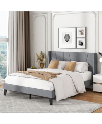 Queen Size Bed Frame with Wingback Headboard and Wood Slat Support-Queen Size