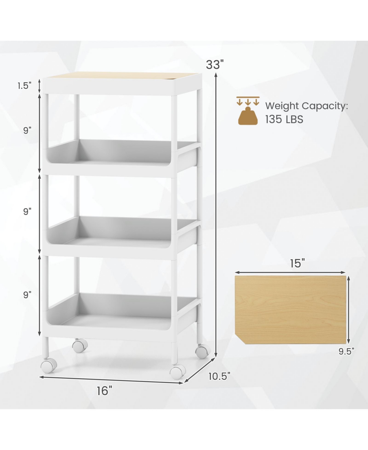 Gouun 4 Tier Utility Rolling Cart with Detachable Tray Top and Locking Wheels-4-Tier