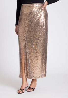Women's Plus Size Sequin Shimmer Maxi Skirt With Slit