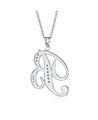 Pave CZ Script Alphabet Initial Pendant Necklace .925 Sterling Silver