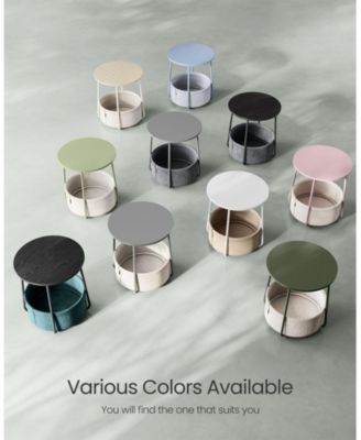 Small Round Side End Table, Modern Nightstand with Fabric Basket