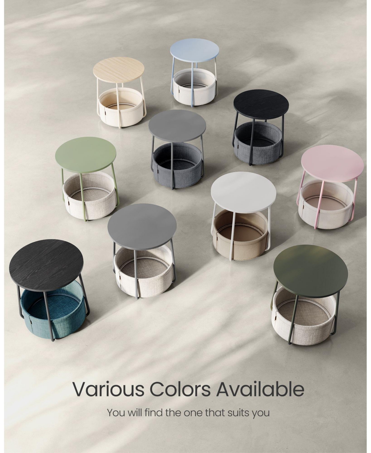 Slickblue Small Round Side End Table, Modern Nightstand with Fabric Basket
