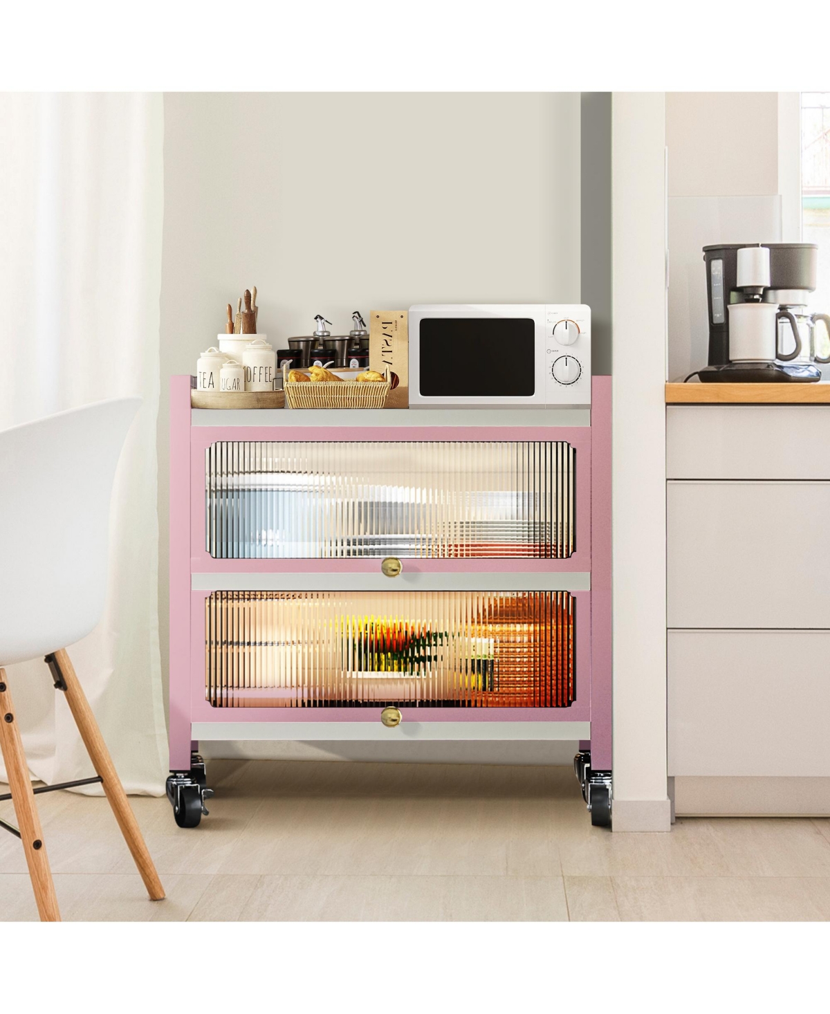 Mega Casa 2 Door Accent Cabinet, 3 Tier Kitchen Organizer Shelf,- Pink