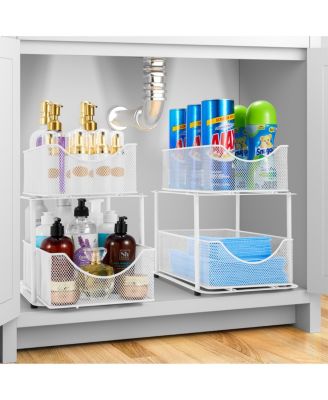 2 Tier Baskets with Mesh Sliding Drawers - Ideal Cabinet, Under the Sink - Great for Bathroom, Kitchen, Office, etc