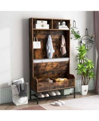 69-Inch 4-in-1 Hall Tree with Coat Rack, Seat Cushion, Shoe Storage, and Shelf