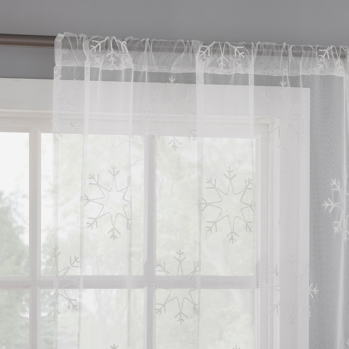 No. 918 Holiday Snowflake Embroidery Sheer Rod Pocket Curtain Panel