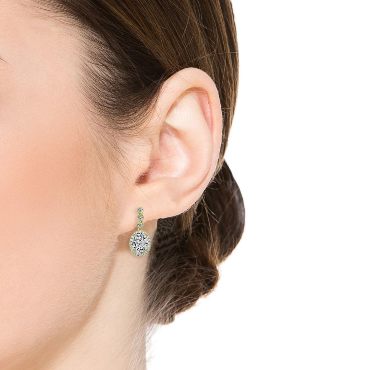 Genevive Sterling Silver with Clear Oval and Round Cubic Zirconia Halo Drop Earrings in WhitePlated or 14KPlated - Gold