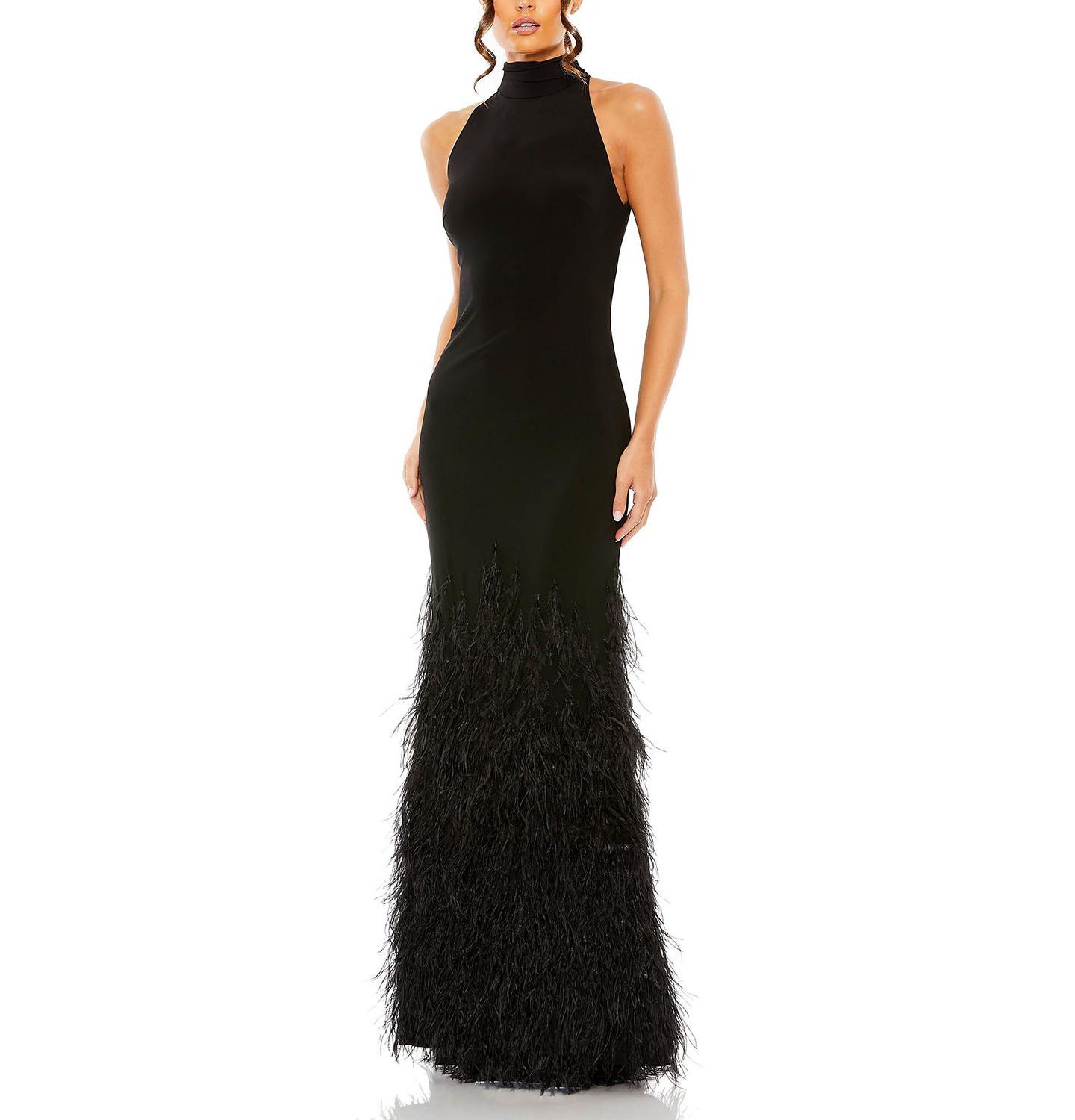 Женские платья Mac Duggal Jersey Halter Gown with Feather Tiered Detail, цвет: Чёрный — фото 3