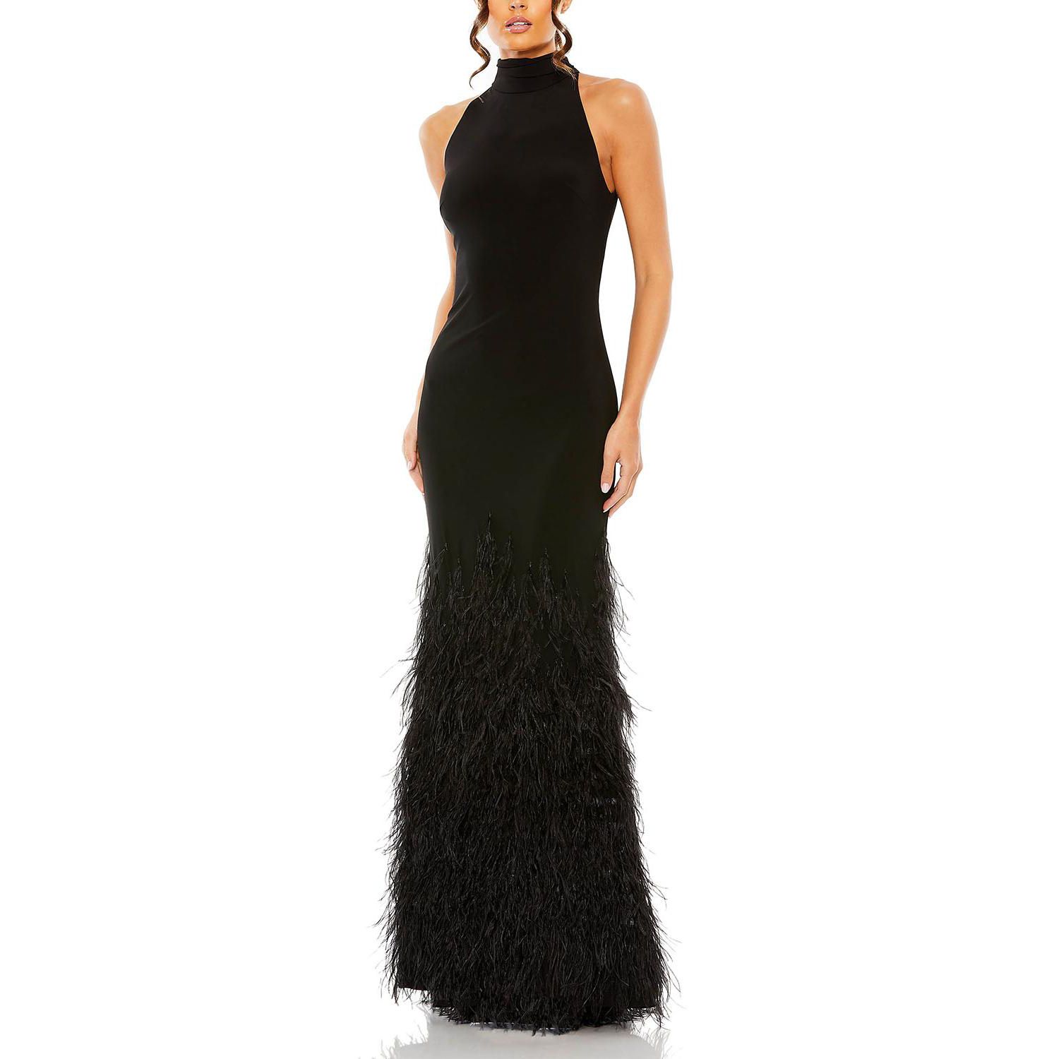 Women's Jersey Halter Gown with Feather Tiered Detail