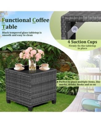 3 Pieces Outdoor Wicker Conversation Set with Tempered Glass Tabletop