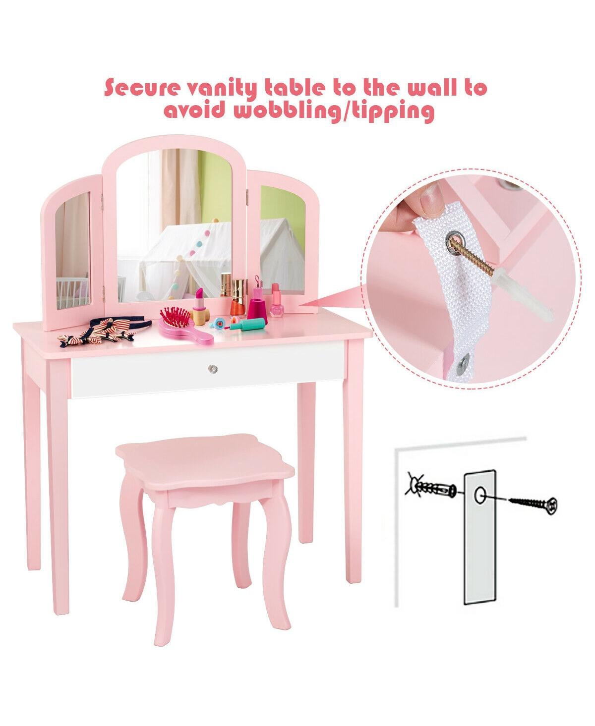 Gouun Kids Princess Make Up Dressing Table with Tri-folding Mirror and Chair