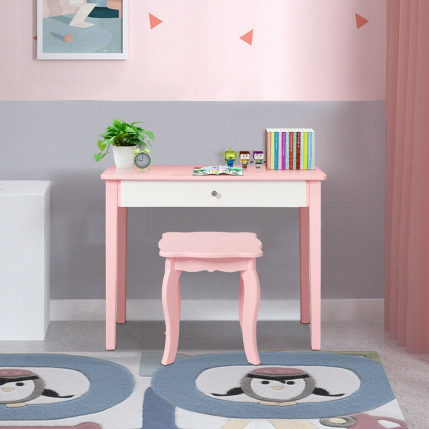 Kids Princess Vanity Dressing Table Set with Tri-Fold Mirror and Chair