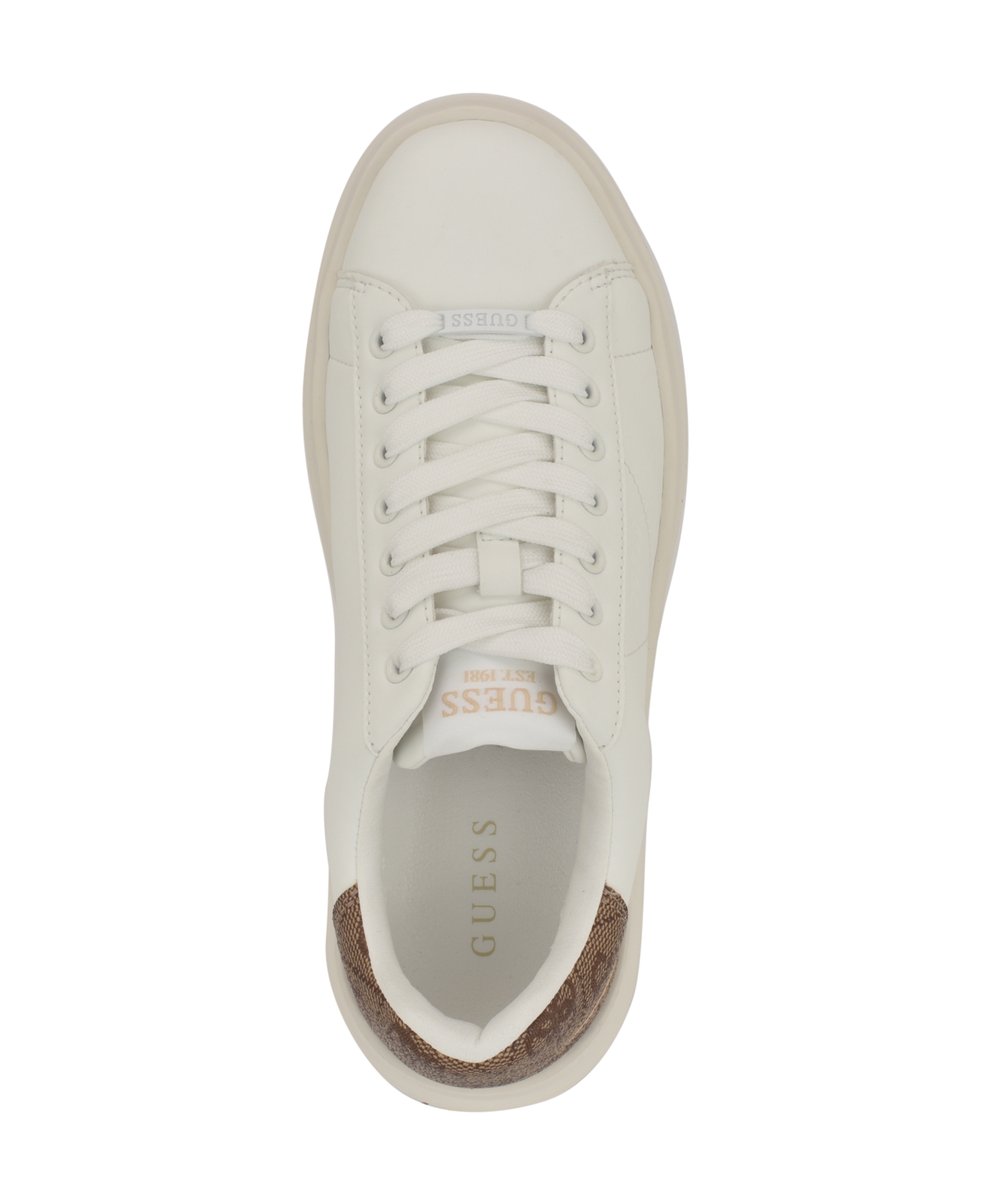 Guess Women's Elbina Contrast Heel Lace-up Sneakers In White,medium Brown Logo