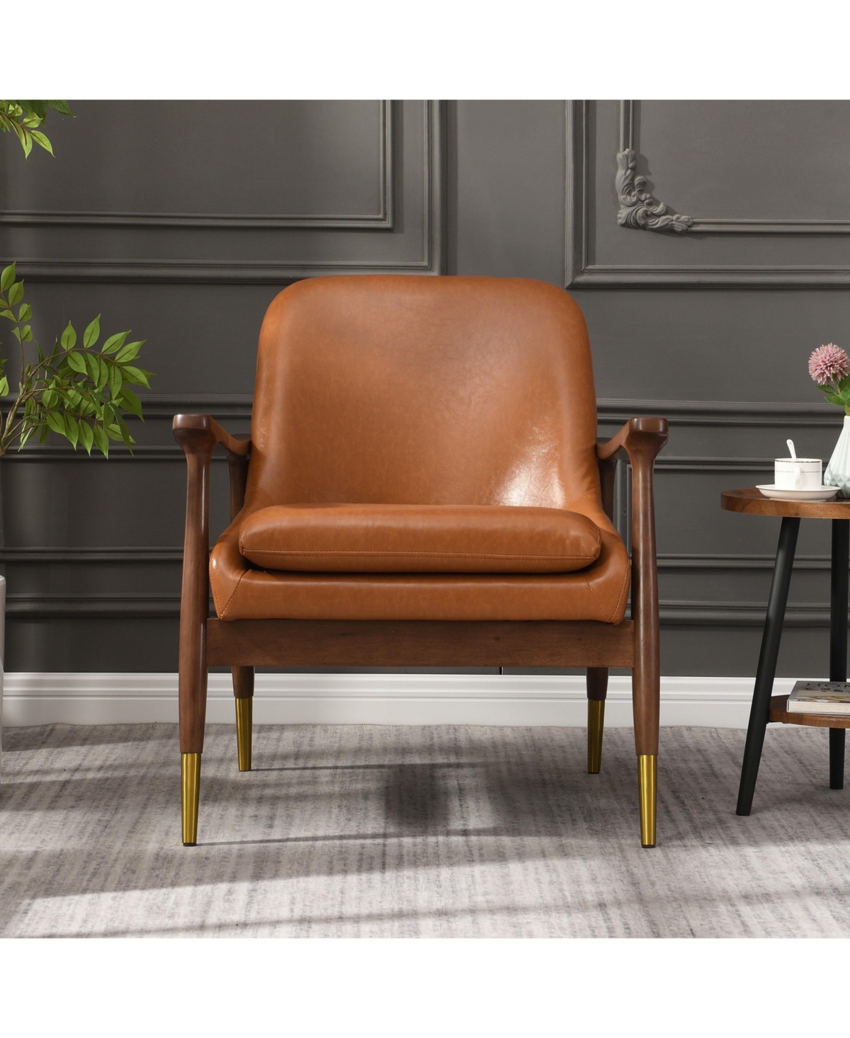 Lovmor 9.2'' Mid-Century Faux Leather Accent Chair with Cushioned Seat, Solid Wood Frame, and Brass-Tipped Legs，Brown
