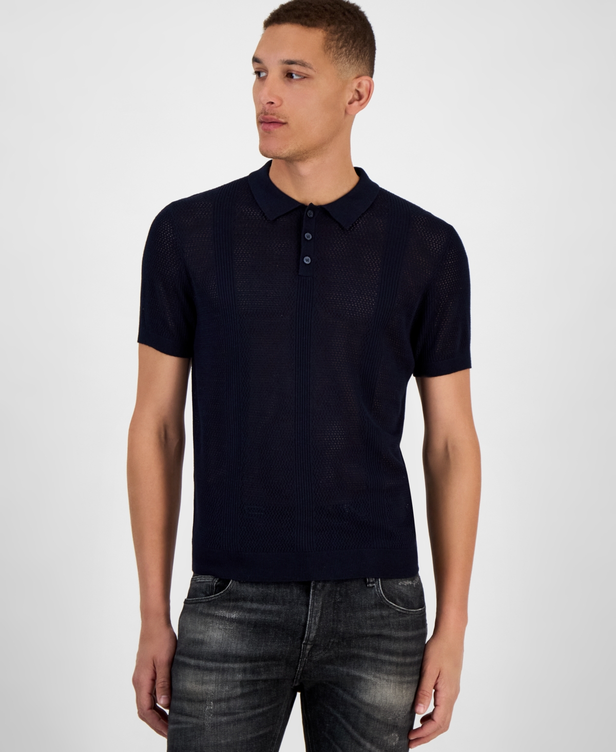 Men's Elijah Short Sleeve Mesh Stripe Polo Shirt - Black