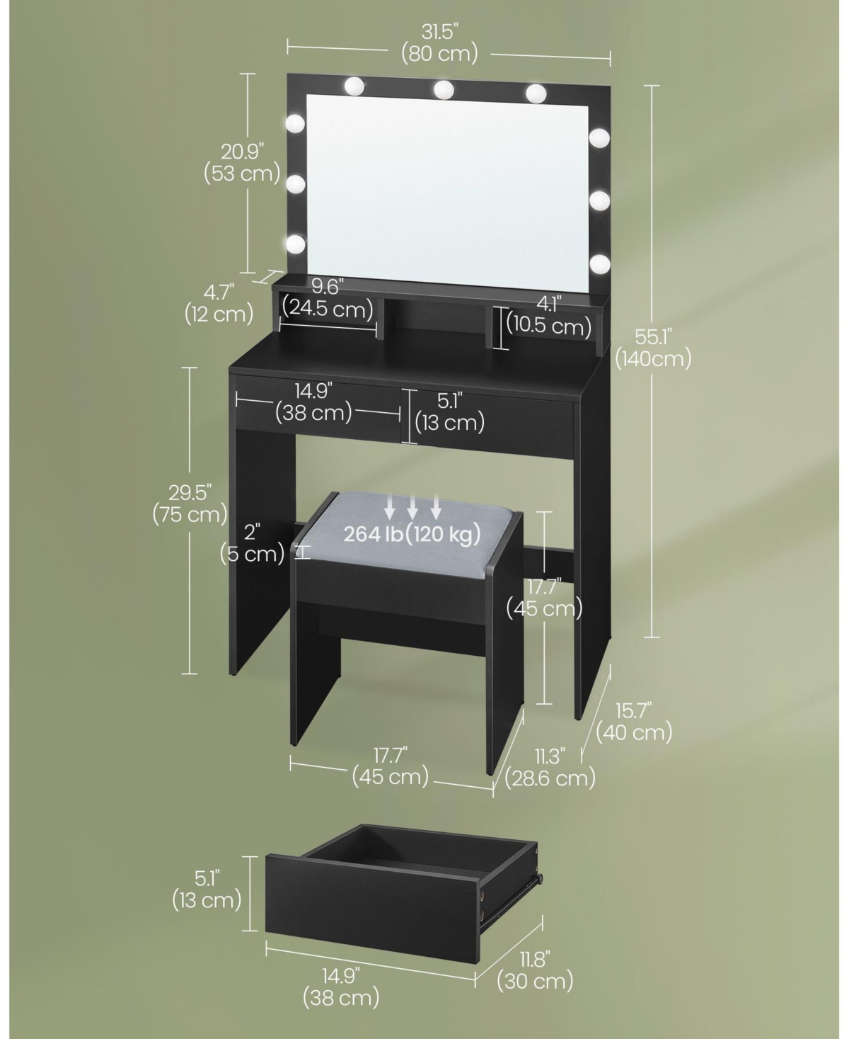 Slickblue Vanity Desk with Mirror and Lights, Makeup Vanity with Upholstered Vanity Stool