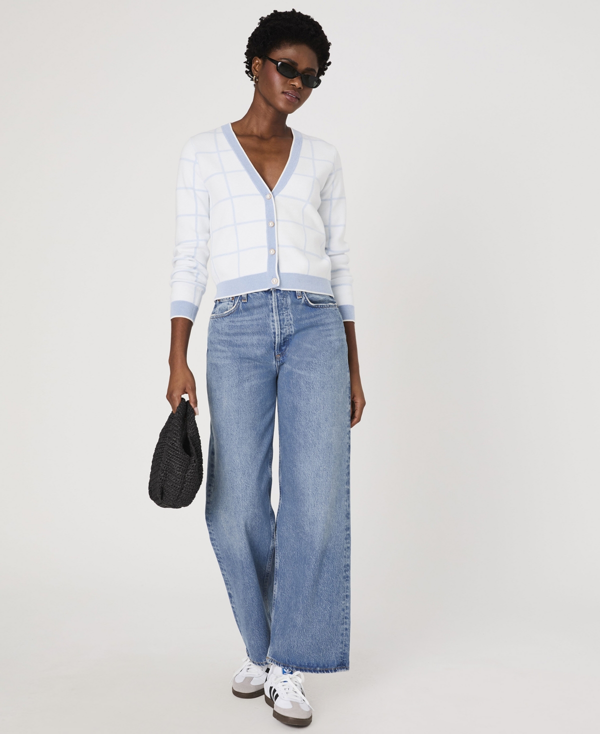 French Connection Women's Check-print Button-front Cardigan In Summer White,sky Blue