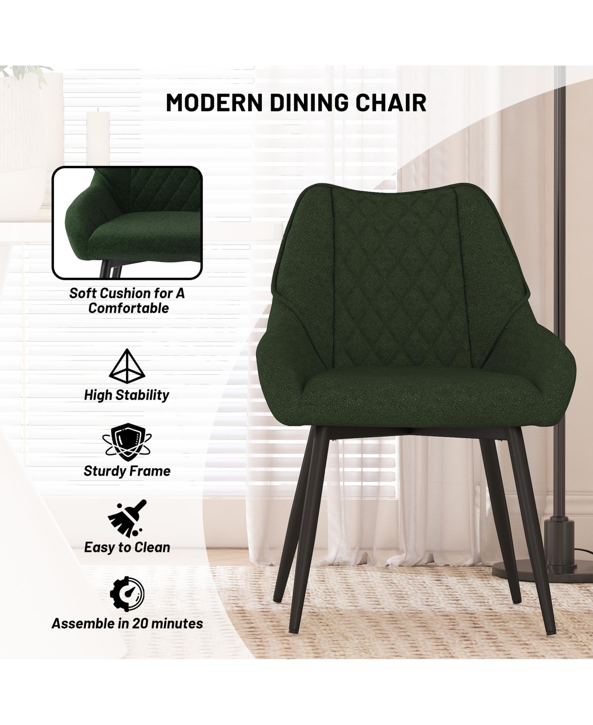 Boyel Living Fabric Diamond Shaped Soft Dining Chair with Metal Legs(Set of 2)