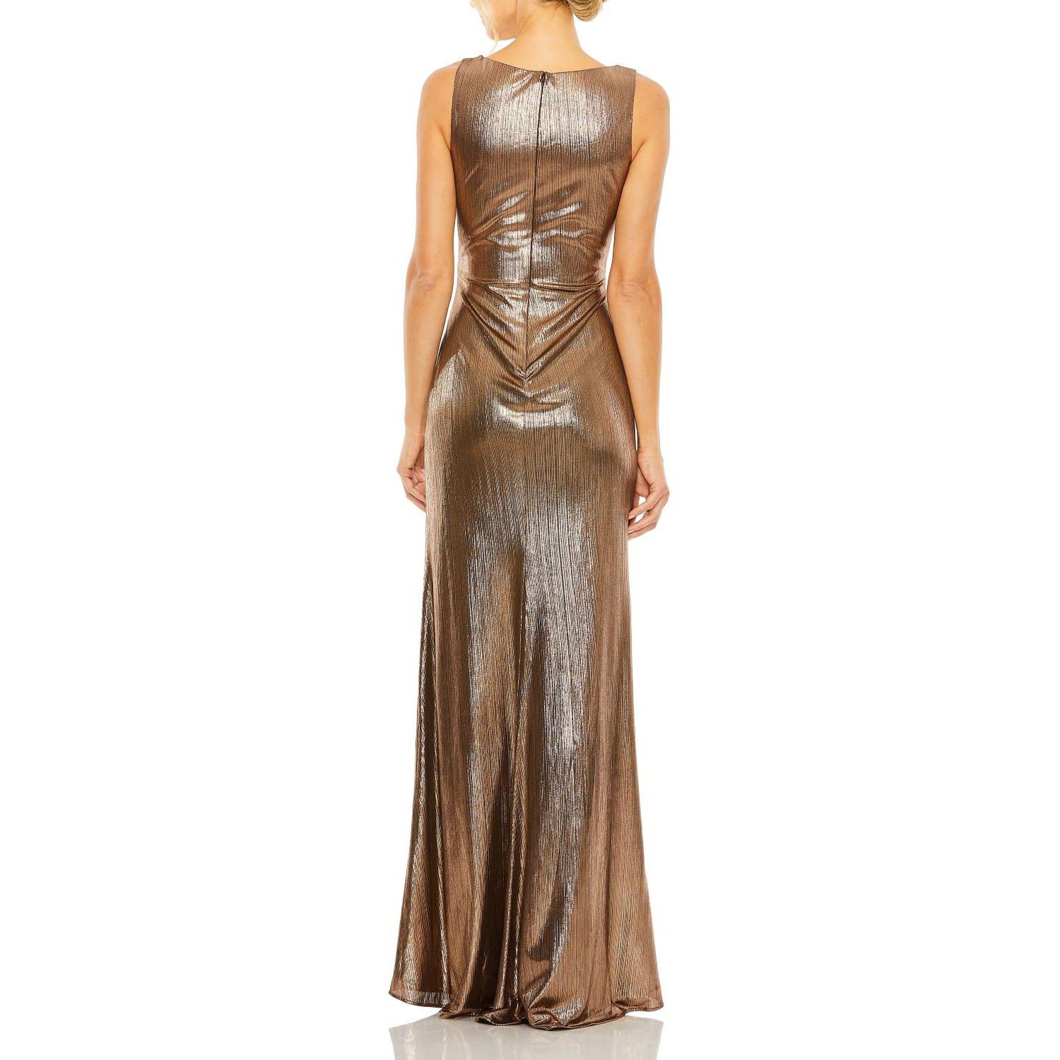 Women's Metallic Ruched Detail Front Slip V Neck Gown
