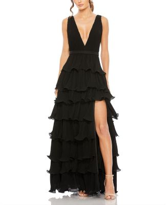 Women's Sleeveless Ruffle Tiered V Neck Gown