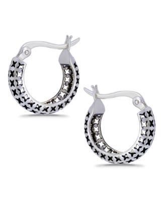 Oxidized X-Cut Out Pattern Click Top Hoop Earrings