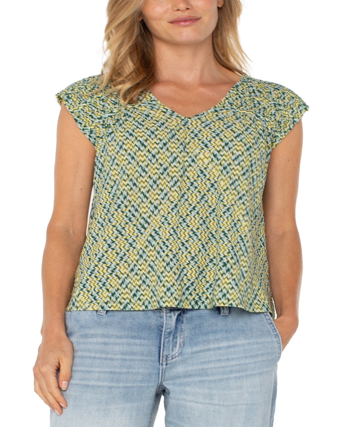 Liverpool Los Angeles Short Sleeve Back Tie Top In Green Mini Chevron