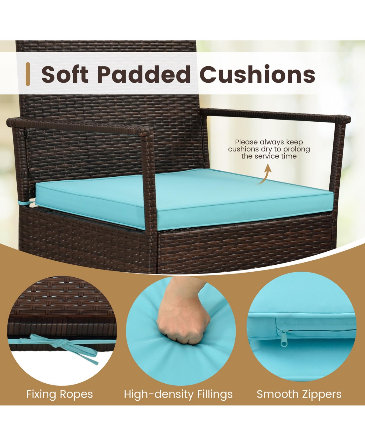 Gymax 3 Pieces Rocking Wicker Bistro Set Outdoor Front Porch Rocker Chairs Conversation Set- Turquoise/aqua+mix brown