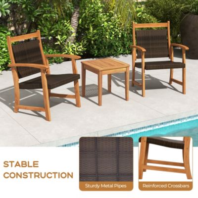 3 Piece Brown Wicker Bistro Set Patio Chair Set of 2 w/ Acacia Wood Side Table
