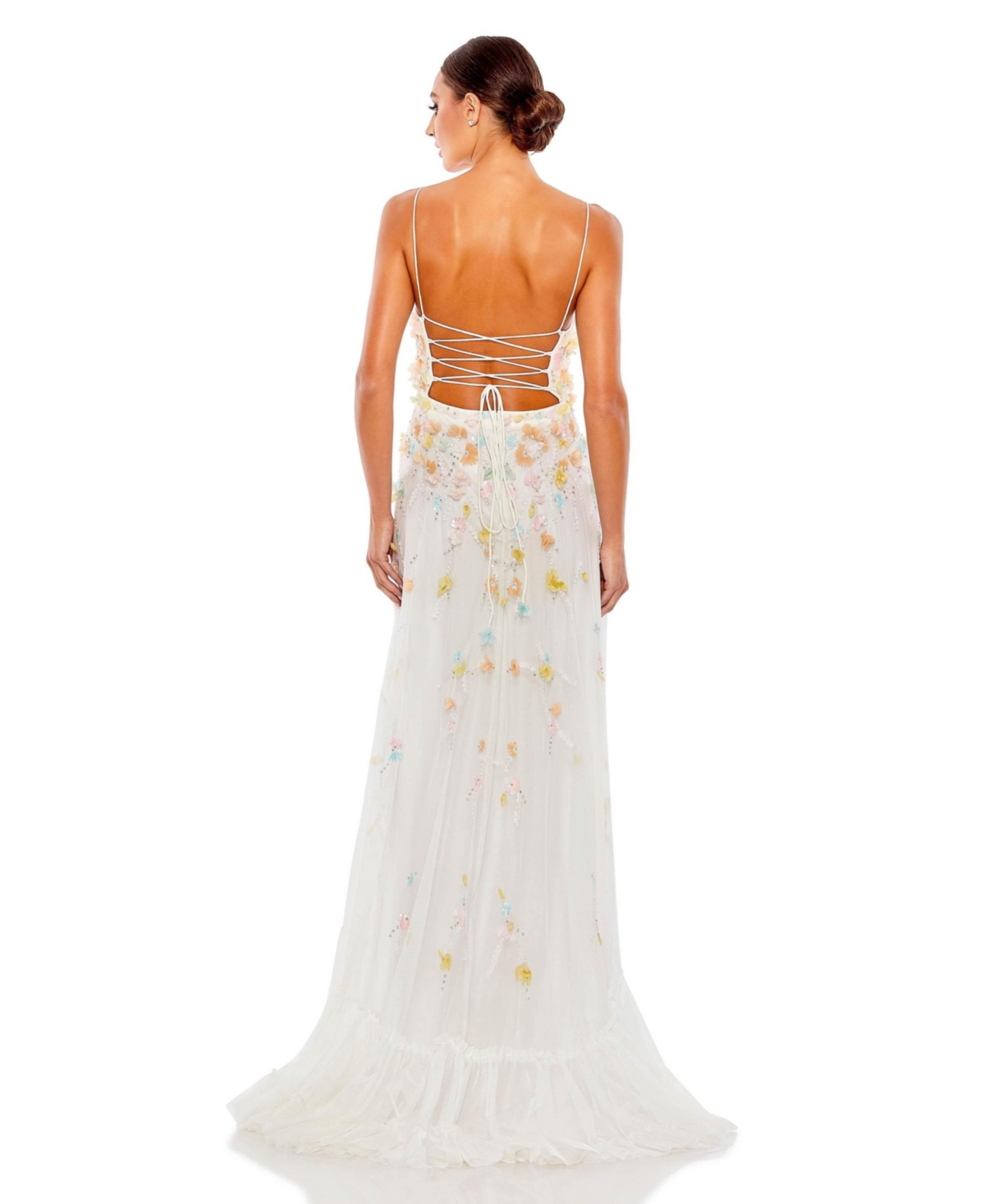 Mac Duggal Women's Beaded 3D Flower Cami Ruffled High Low Lace Up Gown