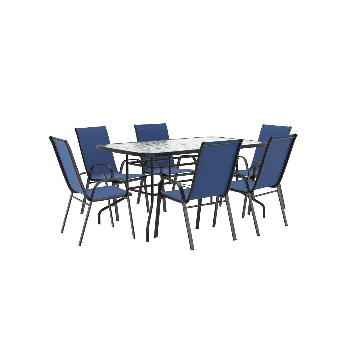Seven Piece Patio Table Set With Metal Table With Tempered Glass Top And 6 Flex Comfort Stacking Chairs - Red