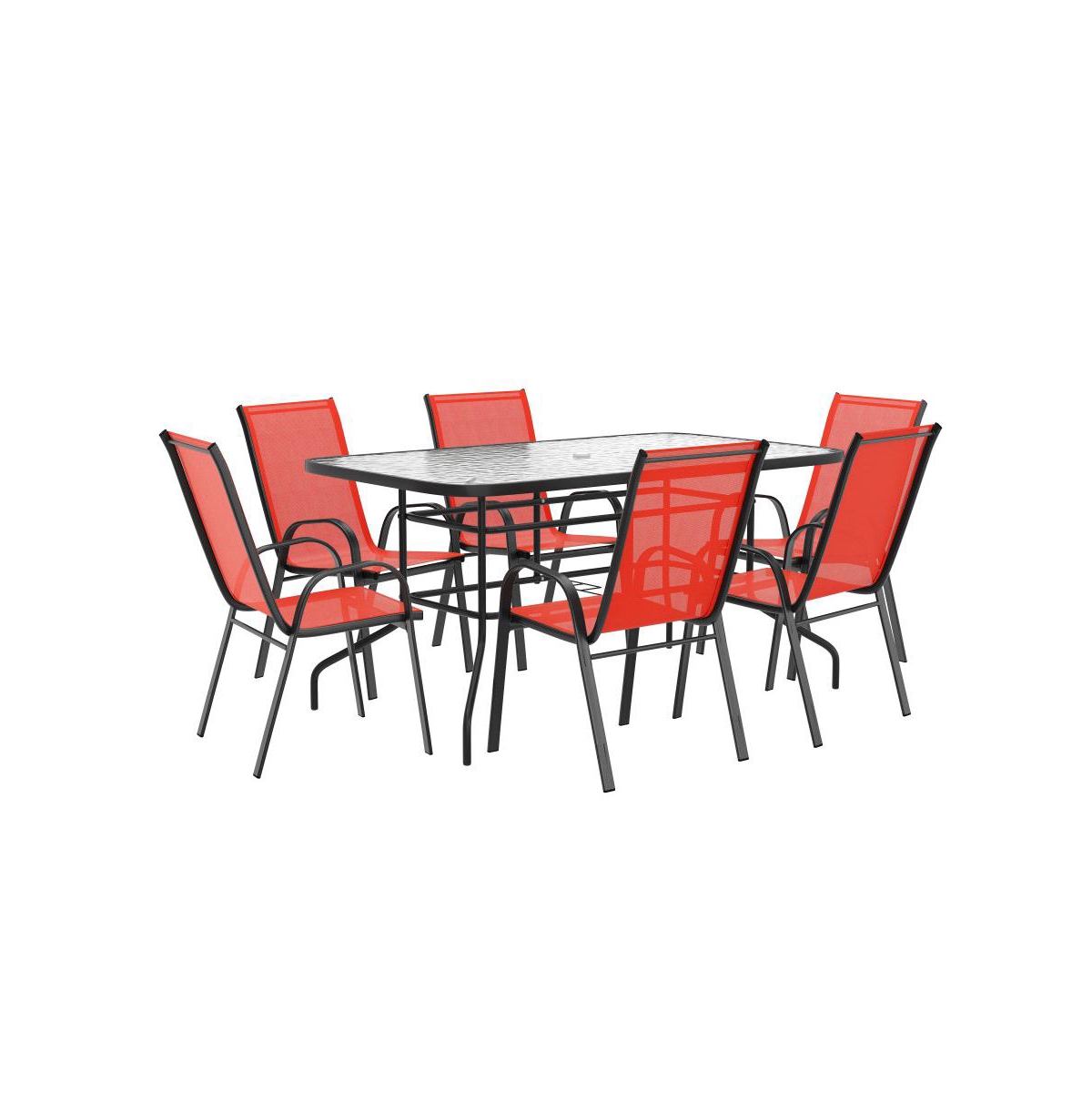 Seven Piece Patio Table Set With Metal Table With Tempered Glass Top And 6 Flex Comfort Stacking Chairs - Red