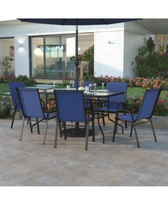 Seven Piece Patio Table Set With Metal Table With Tempered Glass Top And 6 Flex Comfort Stacking Chairs