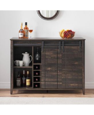Wine Bar Cabinet,47" Farmhouse Coffee Bar Cabinet with Sliding Barn Door, Buffet Sideboard Cabinet with 16 Bottle Wine Rack for Dining, Living Room Dining Kitchen
