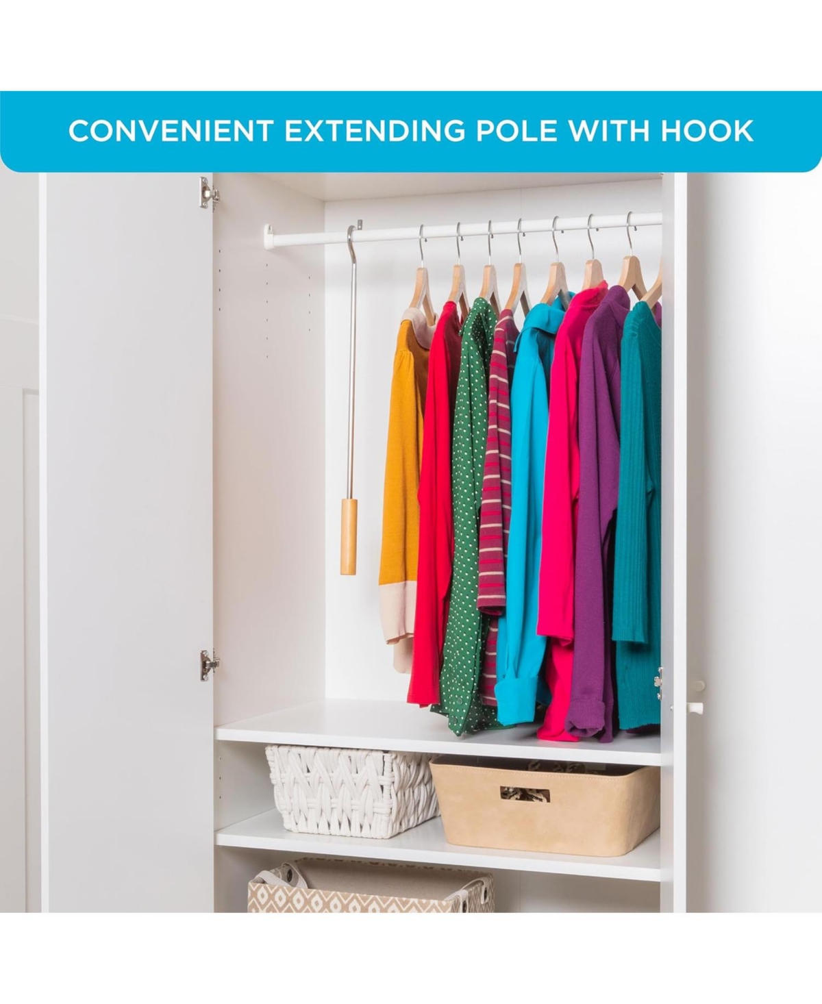 Florida Brands Closet Reacher Pole with Hook and Wooden Handle. Adjustable 2.75 to 5 Feet