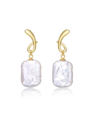 Sterling Silver 14K Gold Plated with Ribbon Baroque Freshwater Pearl Drop Earrings